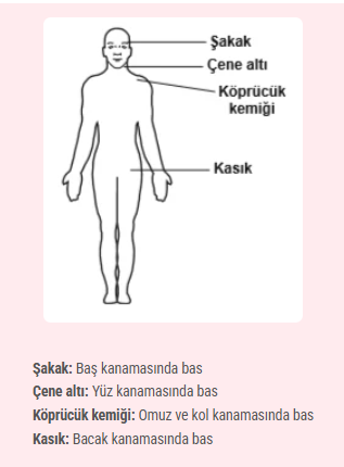 Kanama durdurmak için vücuttaki basınç noktaları: Şakak (baş), Çene altı (yüz), Köprücük kemiği (omuz/kol), Kasık (bacak)