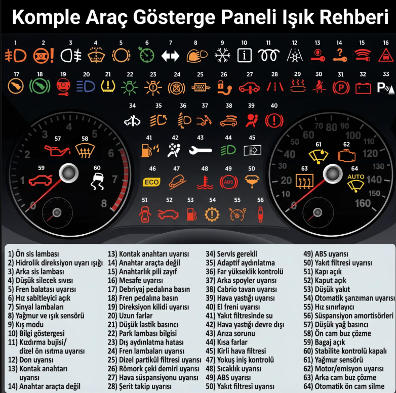 Araç gösterge paneli ikaz lambaları rehberi (64 sembol)